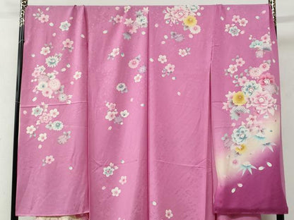 平和屋着物●豪華振袖　舞花文　ラメ糸　暈し染め　銀通し地　仮絵羽　逸品　未使用　CABC7144yc