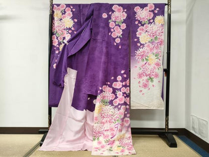 平和屋着物●豪華振袖　乱菊花文　リボン　ラメ糸　暈し染め　金彩　仮絵羽　逸品　未使用　CABC7152yc
