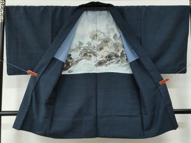 平和屋着物●男性　紬　アンサンブル・長襦袢セット　色無地　留紺色　正絹　逸品　CABC7157yc
