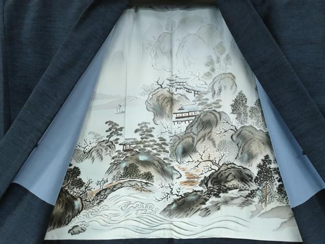 平和屋着物●男性　紬　アンサンブル・長襦袢セット　色無地　留紺色　正絹　逸品　CABC7157yc