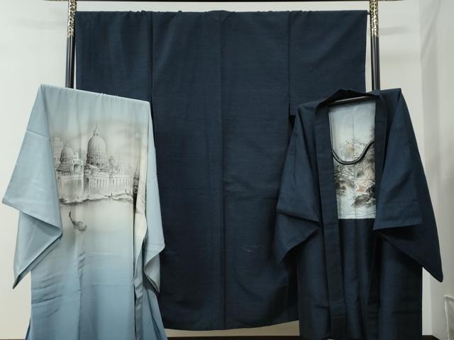 平和屋着物●男性　紬　アンサンブル・長襦袢セット　色無地　留紺色　正絹　逸品　CABC7157yc