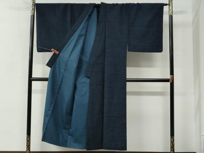 平和屋着物●男性　紬　アンサンブル・長襦袢セット　色無地　留紺色　正絹　逸品　CABC7157yc