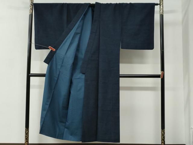 平和屋着物●男性　紬　アンサンブル・長襦袢セット　色無地　留紺色　正絹　逸品　CABC7157yc