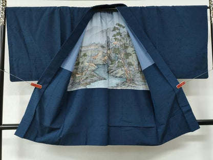 平和屋着物●男性　紬　アンサンブル・長襦袢セット　色無地　紺青色　キングサイズ　正絹　逸品　CABC7159yc