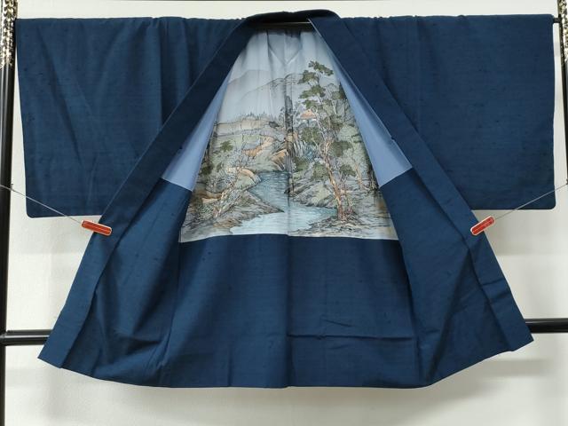 平和屋着物●男性　紬　アンサンブル・長襦袢セット　色無地　紺青色　キングサイズ　正絹　逸品　CABC7159yc
