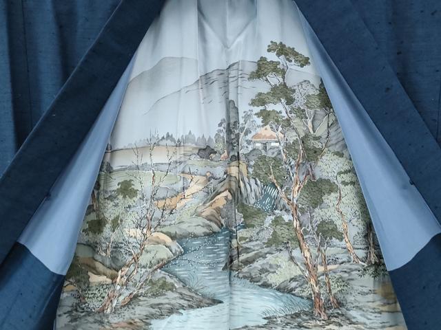 平和屋着物●男性　紬　アンサンブル・長襦袢セット　色無地　紺青色　キングサイズ　正絹　逸品　CABC7159yc
