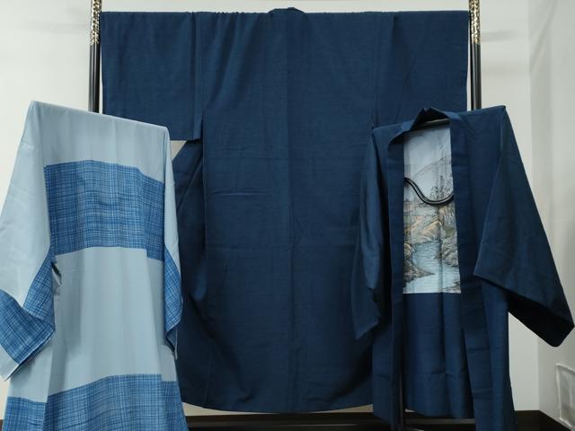 平和屋着物●男性　紬　アンサンブル・長襦袢セット　色無地　紺青色　キングサイズ　正絹　逸品　CABC7159yc