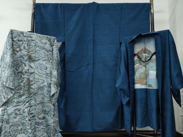 平和屋着物●男性　紬　アンサンブル・長襦袢セット　網代織　正絹　逸品　CABC7160yc