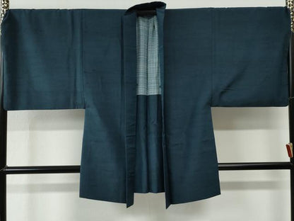 平和屋着物●男性　紬　アンサンブル　色無地　紺地　キングサイズ　正絹　逸品　CABC7162yc