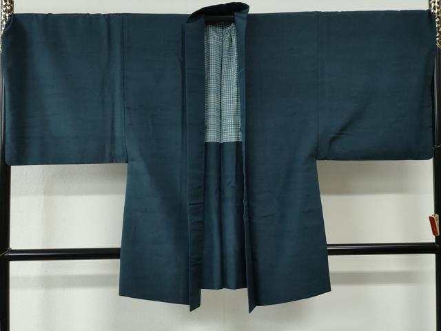 平和屋着物●男性　紬　アンサンブル　色無地　紺地　キングサイズ　正絹　逸品　CABC7162yc