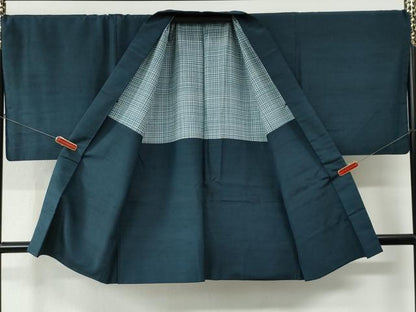 平和屋着物●男性　紬　アンサンブル　色無地　紺地　キングサイズ　正絹　逸品　CABC7162yc