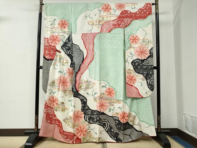 平和屋着物●豪華振袖　絞り　雲取り吉祥花唐草文　金銀彩　正絹　逸品　CABC7169yc