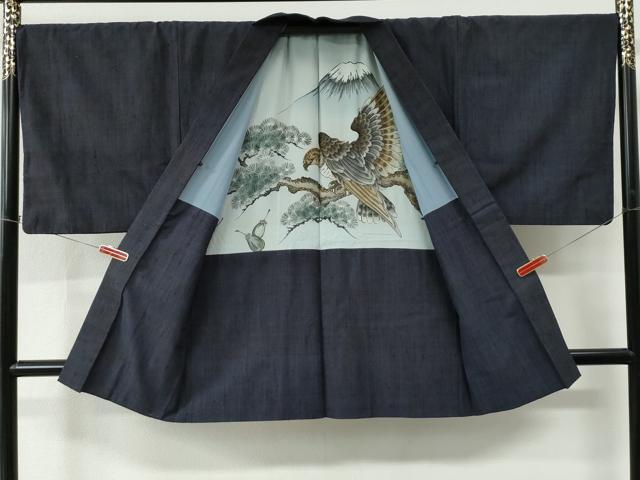 平和屋着物●男性　紬　アンサンブル　霞文　羽裏：一富士二鷹三茄子　正絹　逸品　CABC7171yc