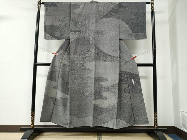 平和屋着物●重要無形文化財　人間国宝　中村勇二郎　江戸小紋　訪問着　遠山霞吉祥文　黒地　正絹　逸品　CABC7174yc