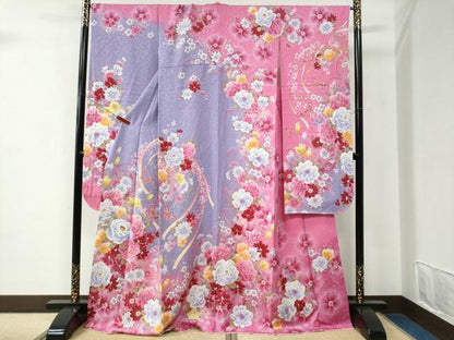 平和屋着物●豪華振袖　牡丹花蝶文　ラメ糸　暈し染め　銀通し地　正絹　逸品　CABC7178yc
