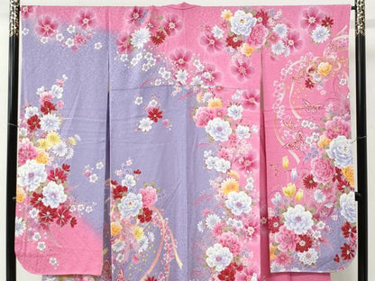 平和屋着物●豪華振袖　牡丹花蝶文　ラメ糸　暈し染め　銀通し地　正絹　逸品　CABC7178yc