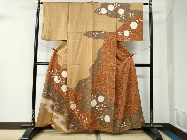 平和屋着物●訪問着　絞り　刺繍　流水雪輪草花文　金彩　正絹　逸品　CABC7182yc