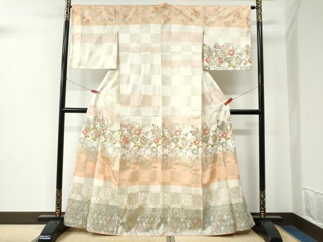 平和屋着物●訪問着　市松流水花蝶動物唐草文　金銀彩　正絹　逸品　CABC7184yc