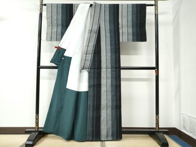 平和屋着物●本場結城紬　重要無形文化財　縞　証紙付き　正絹　逸品　未使用　CABC7191yc