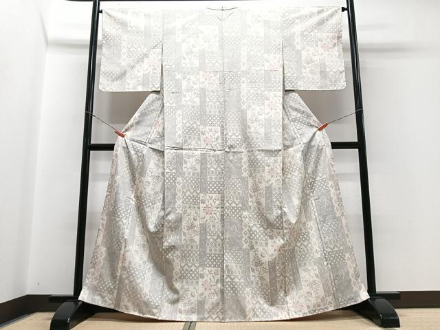 平和屋着物▽上質な小紋　単衣　更紗花文　正絹　逸品　AABF1844jh 平和屋着物▽上質な小紋 単衣 更紗花鳥文 暈し染め 金彩 正絹 逸品