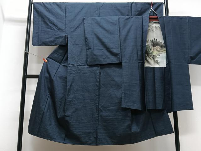 平和屋着物□男性 本場大島紬 アンサンブル 80亀甲 藍鉄色 正絹 逸品