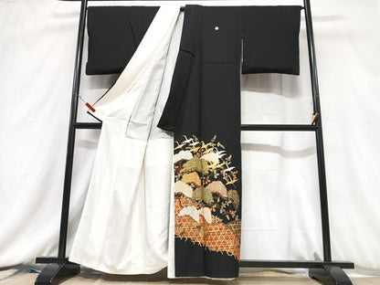 平和屋着物■豪華黒留袖　駒刺繍　飛鶴松文　金銀彩　正絹　逸品　CABC7371xe