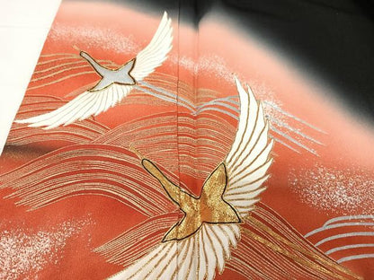 平和屋着物■豪華黒留袖　作家物　飛鶴立波文　暈し染め　金銀彩　正絹　逸品　CABC7372xe