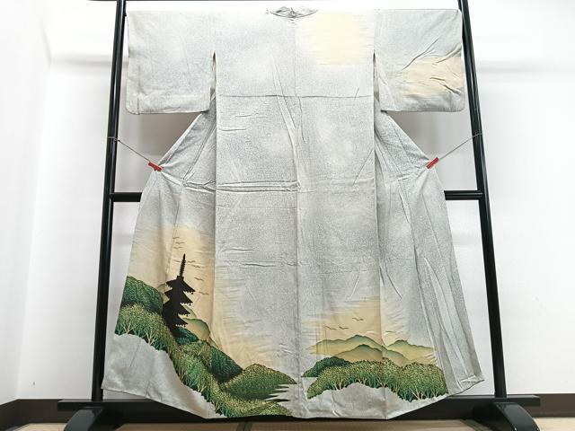 平和屋着物■訪問着 手描き 風景文 暈し染め 正絹 逸品 CABC7395xe