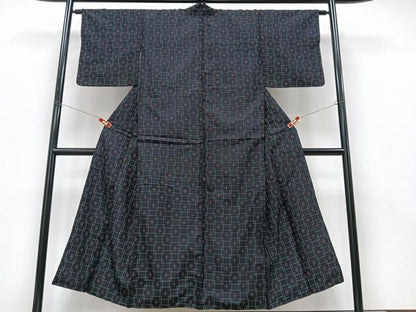 平和屋着物■上質な紬 格子重ね文様 正絹 逸品 CABC7441xe