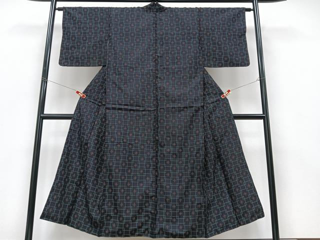 平和屋着物■上質な紬 格子重ね文様 正絹 逸品 CABC7441xe