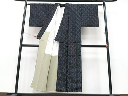 平和屋着物■上質な紬 格子重ね文様 正絹 逸品 CABC7441xe