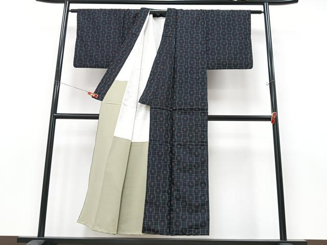 平和屋着物■上質な紬 格子重ね文様 正絹 逸品 CABC7441xe