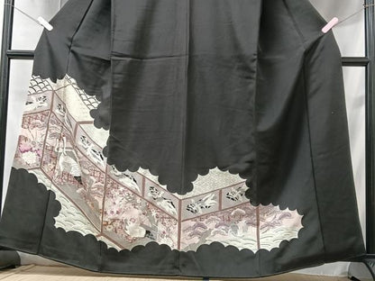 平和屋着物■豪華黒留袖　刺繍　風景文　鶴　銀彩　正絹　逸品　CABC7505xe