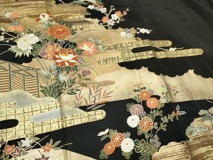 平和屋着物■豪華黒留袖 駒刺繍 万寿染 風景草花文 金銀彩 正絹 逸品 CABC7636ou