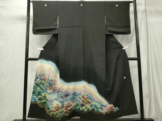 平和屋着物■豪華黒留袖　手描き　風景文　暈し染め　正絹　逸品　CABC7675ou