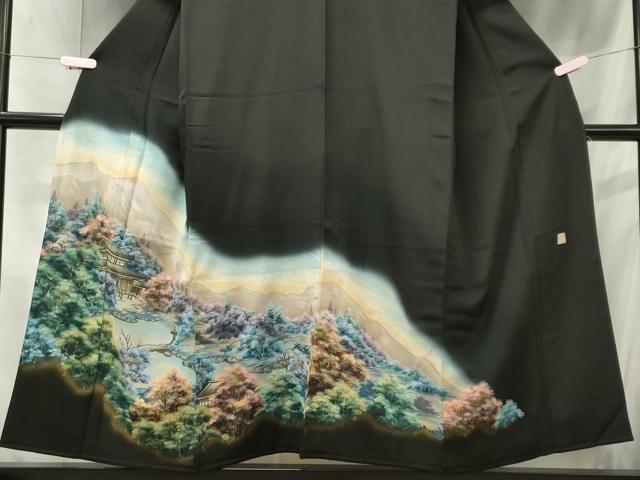 平和屋着物■豪華黒留袖　手描き　風景文　暈し染め　正絹　逸品　CABC7675ou