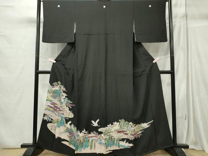平和屋着物■豪華黒留袖　飛鶴風景文　金糸　正絹　逸品　CABC7679ou