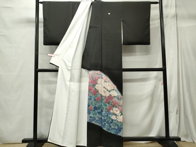 平和屋着物■豪華黒留袖　刺繍　草花文　暈し染め　金銀彩　正絹　逸品　CABC7680ou