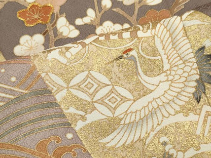 平和屋着物■豪華色留袖　駒刺繍　飛鶴吉祥枝花文　正絹　逸品　CABC7718ou