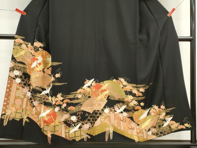 平和屋着物■豪華黒留袖 駒刺繍 飛鶴吉祥花文 金彩 正絹 逸品 CABC7729ou
