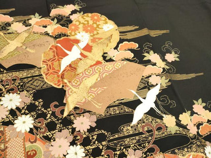 平和屋着物■豪華黒留袖 駒刺繍 飛鶴吉祥花文 金彩 正絹 逸品 CABC7729ou