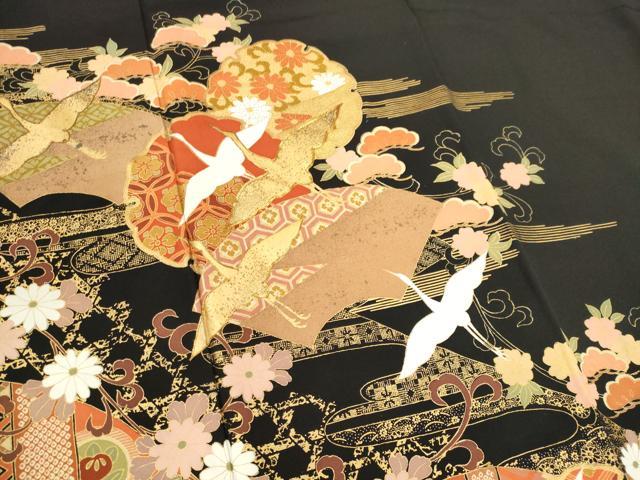 平和屋着物■豪華黒留袖 駒刺繍 飛鶴吉祥花文 金彩 正絹 逸品 CABC7729ou