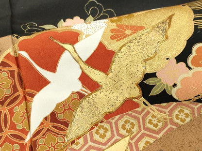 平和屋着物■豪華黒留袖 駒刺繍 飛鶴吉祥花文 金彩 正絹 逸品 CABC7729ou