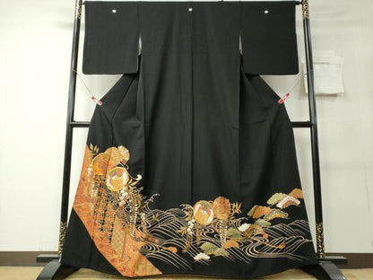 平和屋着物■豪華黒留袖 駒刺繍 鼓飛鶴吉祥文 金彩 正絹 逸品 CABC7785ou
