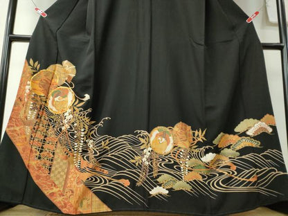 平和屋着物■豪華黒留袖 駒刺繍 鼓飛鶴吉祥文 金彩 正絹 逸品 CABC7785ou