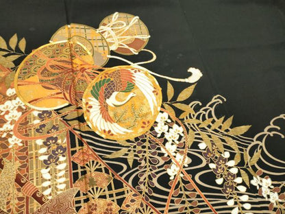 平和屋着物■豪華黒留袖 駒刺繍 鼓飛鶴吉祥文 金彩 正絹 逸品 CABC7785ou