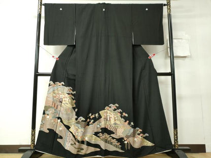 平和屋着物■豪華黒留袖 駒刺繍 地紙御所車花文 金彩 正絹 逸品 CABC7788ou