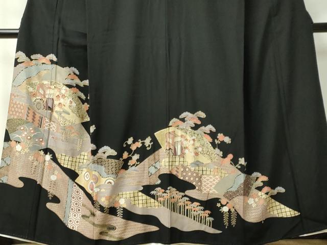 平和屋着物■豪華黒留袖 駒刺繍 地紙御所車花文 金彩 正絹 逸品 CABC7788ou