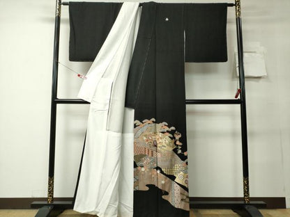 平和屋着物■豪華黒留袖 駒刺繍 地紙御所車花文 金彩 正絹 逸品 CABC7788ou