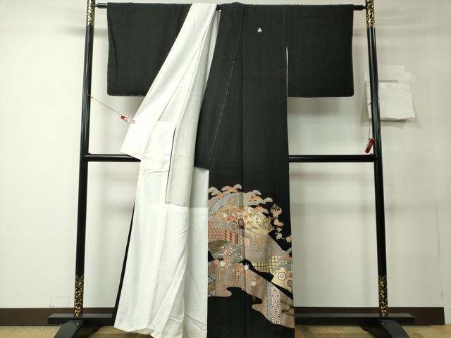 平和屋着物■豪華黒留袖 駒刺繍 地紙御所車花文 金彩 正絹 逸品 CABC7788ou